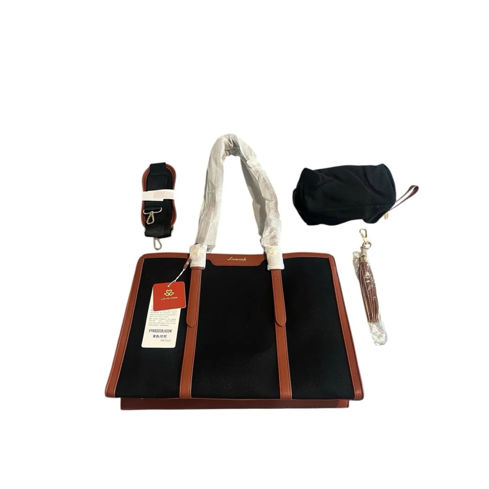 LOVEVOOK Laptop Bag Black Brown Trim Detachable Strap Accessory Case Large - Picture 1 of 16